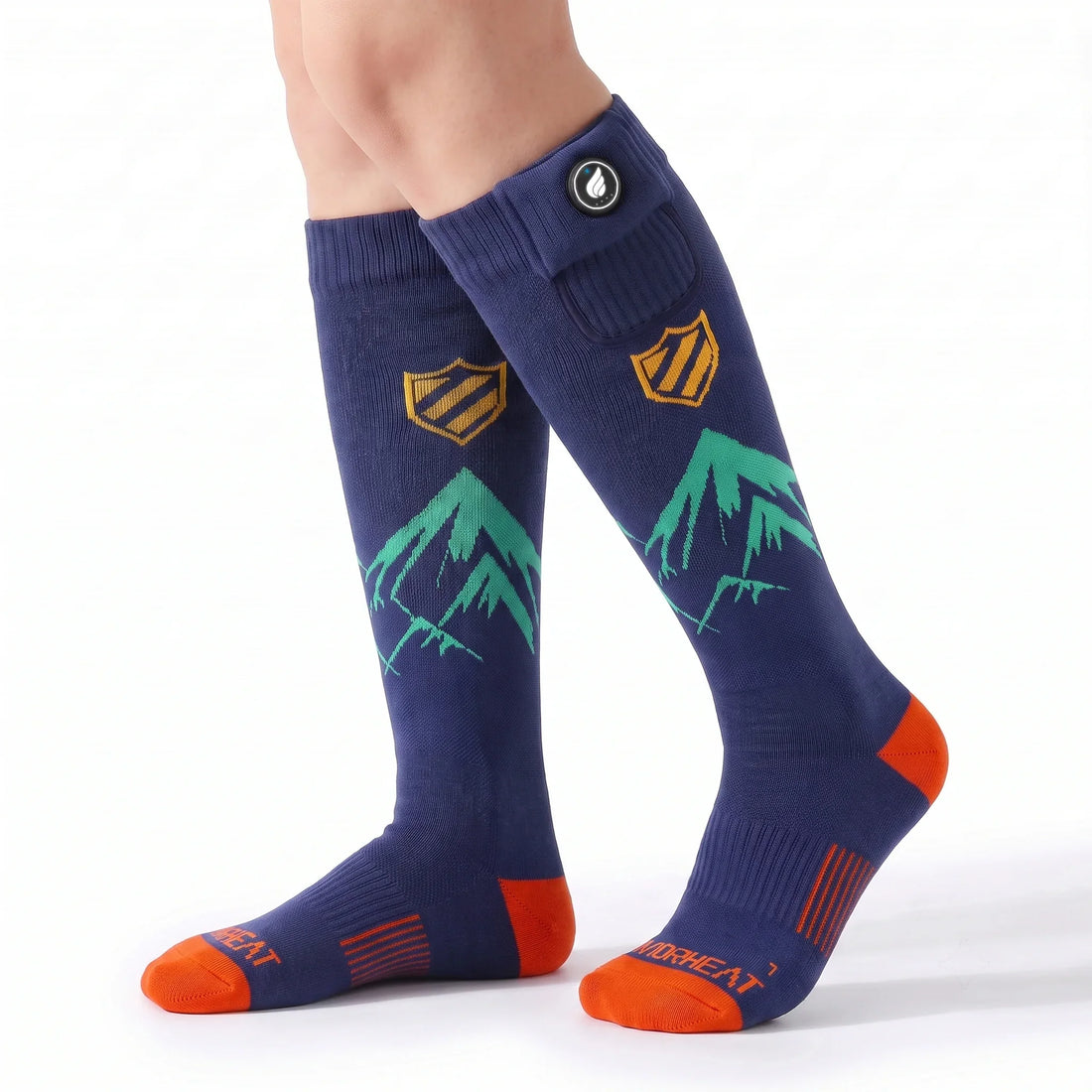 Verwarmde skisokken navy met groen/oranje print aan het been